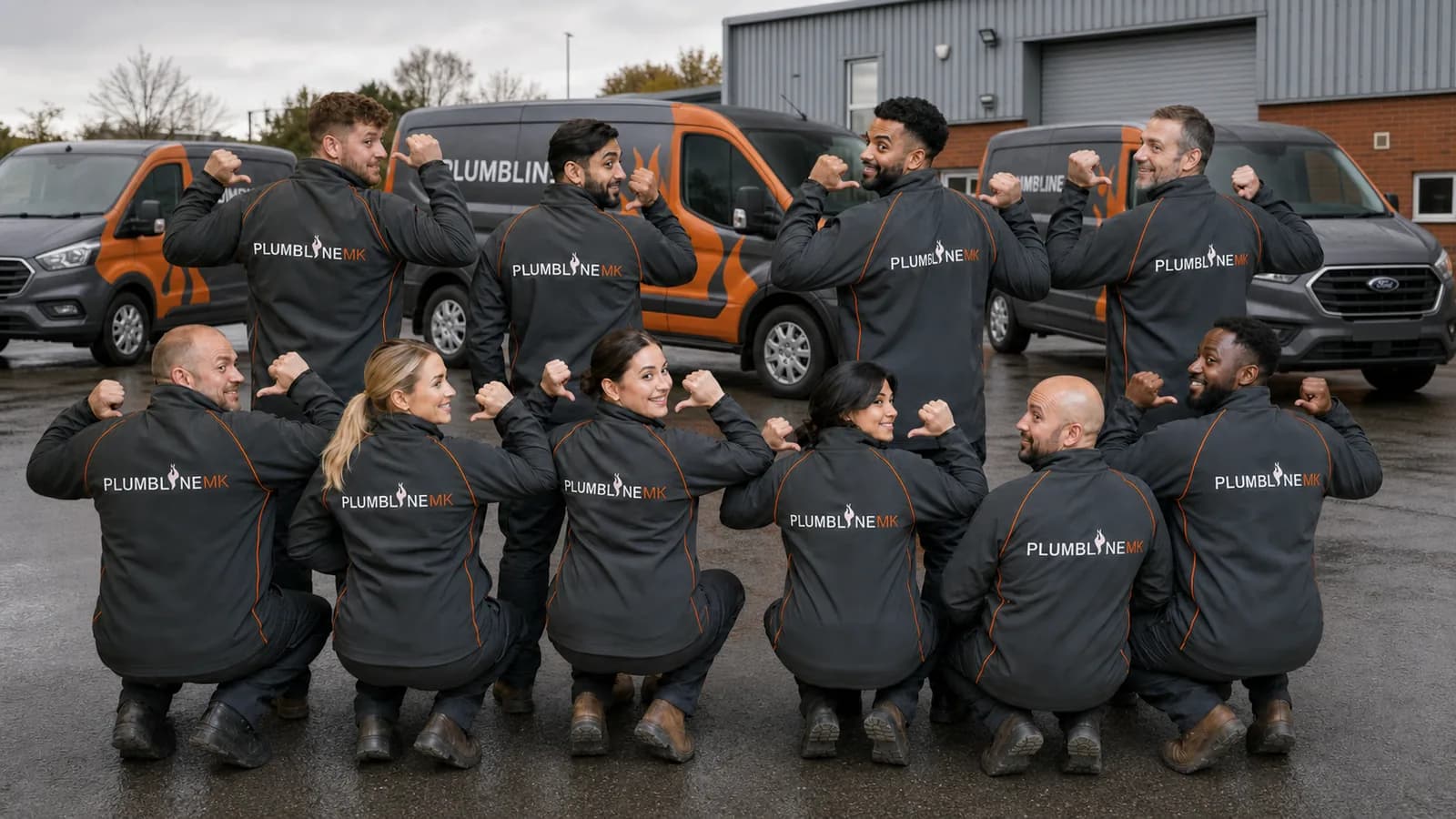 The Plumbline MK team in front of the company vans